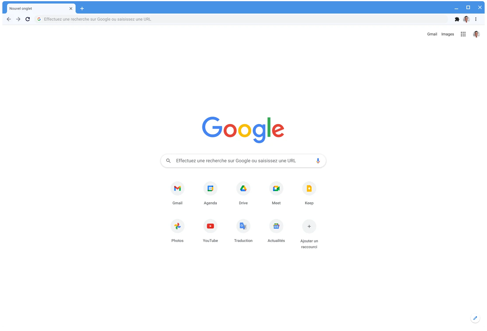Fenêtre du navigateur Chrome affichant la page google.com, avec le thème classique.