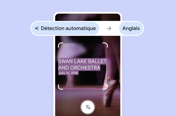 Un site Web avec des pointes de ballet et du texte traduit qui indique 'Ballet et orchestre du Lac des cygnes, 16 juillet, 20h'.