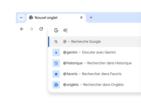 Un menu déroulant avec des raccourcis pour Gemini, l'historique, les favoris et les onglets.