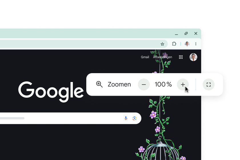 De Google-homepage en een pop-up met Zoom ingesteld op 100%