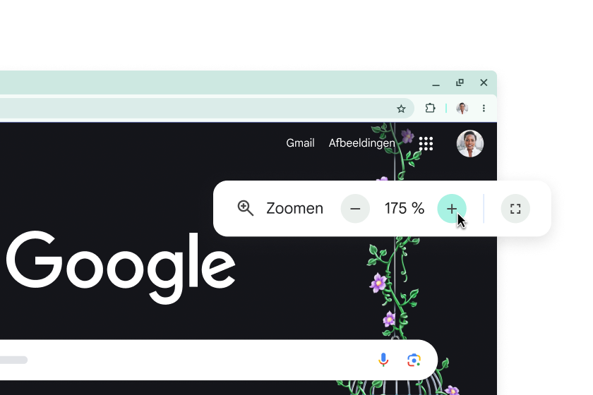 De Google-homepage met vergrote elementen en een pop-up met Zoom ingesteld op 175%